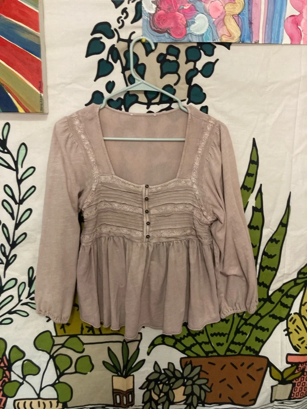 Knox Rose Lace-Trim Smocked Peplum Top - Mauve - Picture 1 of 1